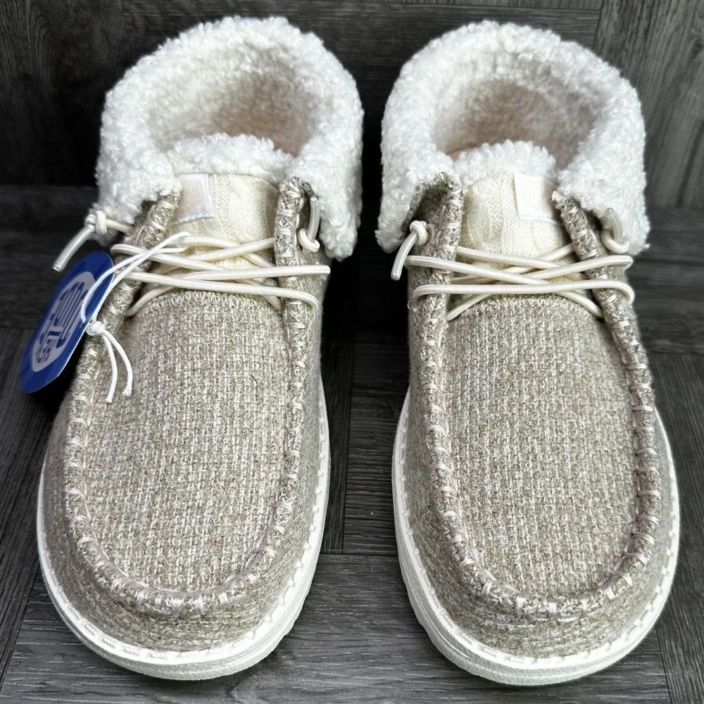Hey Dude Wendy Fold Y Brushed Cozy Kids J2 Ivory Sherpa Moccasin NEW